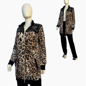 NWT WOMEN'S VELOUR TRACKSUIT 2PC SET LONG JACKET/BLACK‎ PANTS ZIPPED LOUNGEWEAR